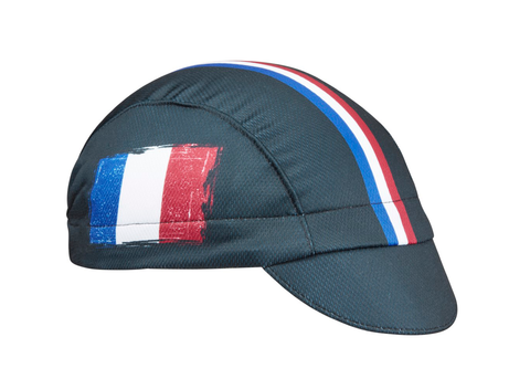France Technical 3-Panel Cycling Cap. Black with red white and blue stripes and French flag on the side.  Angled view.