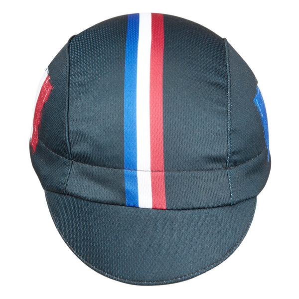 France Technical 3-Panel Cycling Cap. Black with red white and blue stripes and French flag on the side.  Front view.