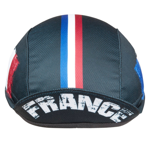 France Technical 3-Panel Cycling Cap. Black with red white and blue stripes and FRANCE text under brim.  Bill up front view.