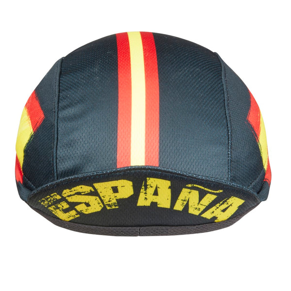 Spain Technical 3-Panel Cycling Cap. Black cap with red and yellow stripes and Spanish flag on side.  ESPANA text under brim. Brim up front view.