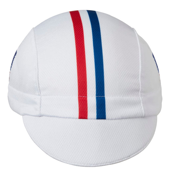 USA Technical 3-Panel Cycling Cap.  White cap with red white and blue stripes on top.  American flag sketch on side.  Front view.
