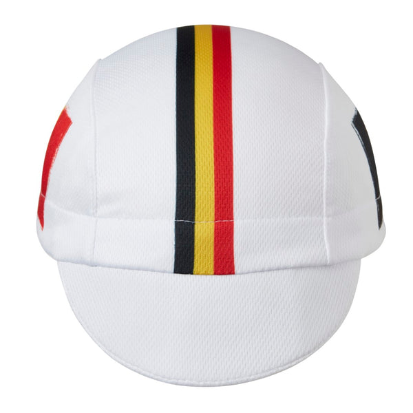 Belgium Technical 3-Panel Cycling Cap. White cap with black, yellow, and red stripes.  Belgian flag on the side.  Front view.