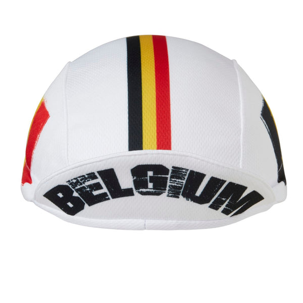 Belgium Technical 3-Panel Cycling Cap. White cap with black, yellow, and red stripes.  Belgium text under the brim.  Brim up front view.