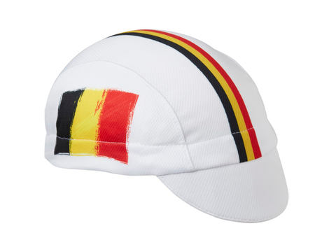 Belgium Technical 3-Panel Cycling Cap. White cap with black, yellow, and red stripes.  Belgian flag on the side.  Angled view.
