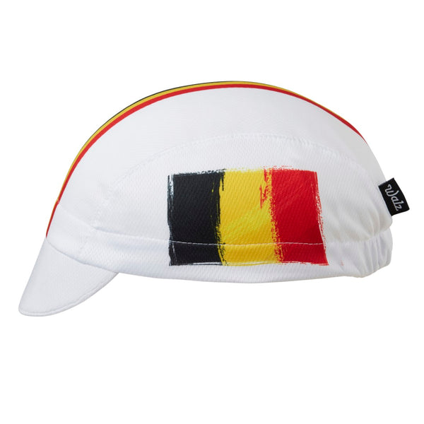 Belgium Technical 3-Panel Cycling Cap. White cap with black, yellow, and red stripes.  Belgian flag on the side.  Side view.