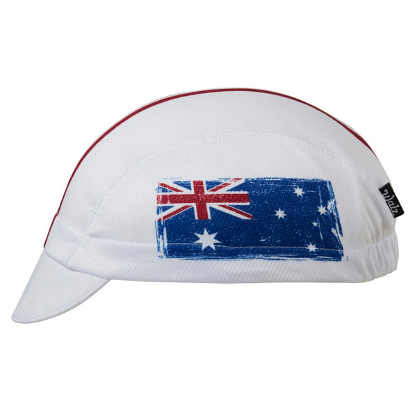 Australia Technical 3-Panel Cycling Cap.  White cap with blue and red stripes and Australian flag on the side.  Side view.