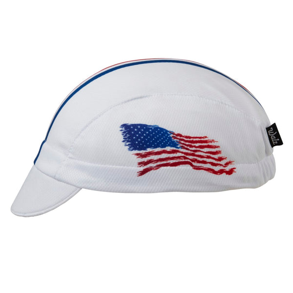 USA Technical 3-Panel Cycling Cap.  White cap with red white and blue stripes on top.  American flag sketch on side.  Side view.
