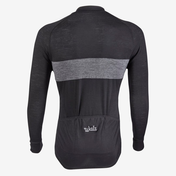 Midnight Black Merino Wool Long Sleeve Jersey with gray stripe across the chest.  Back view.