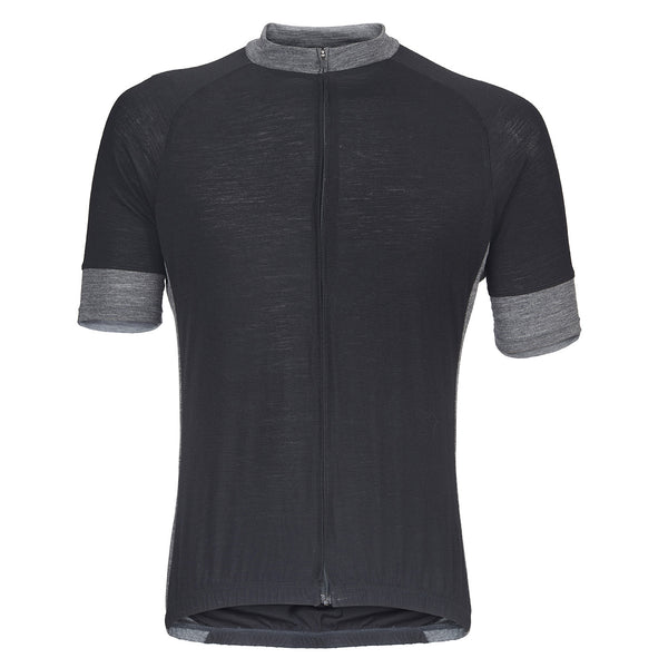 Midnight Black Merino Wool Short-Sleeve Jersey with gray accents on cuffs, neck, and sides.  Front view.