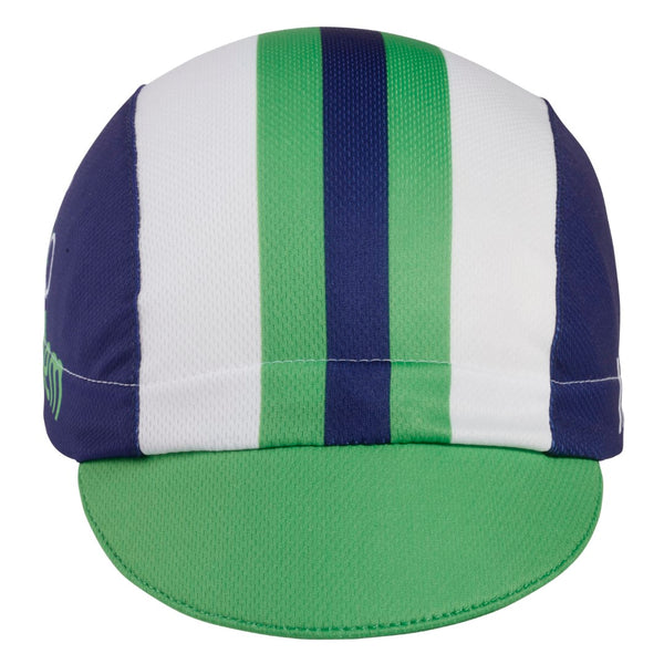 Cap For a Cause - "In Tandem" 3-Panel Technical Cycling Cap. Blue, white, and green cap with in Tandem text and tandem bike logo.  Front view.