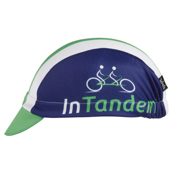 Cap For a Cause - "In Tandem" 3-Panel Technical Cycling Cap. Blue, white, and green cap with in Tandem text and tandem bike logo.  Side view.