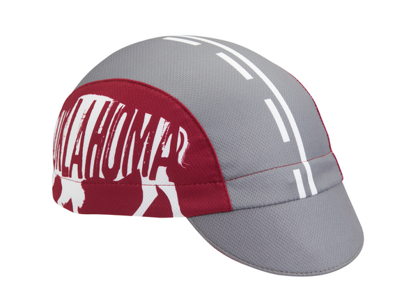 Oklahoma Technical 3-Panel Cycling Cap.  Gray and red cap with Buffalo print and OKLAHOMA text on side.  Angled view.