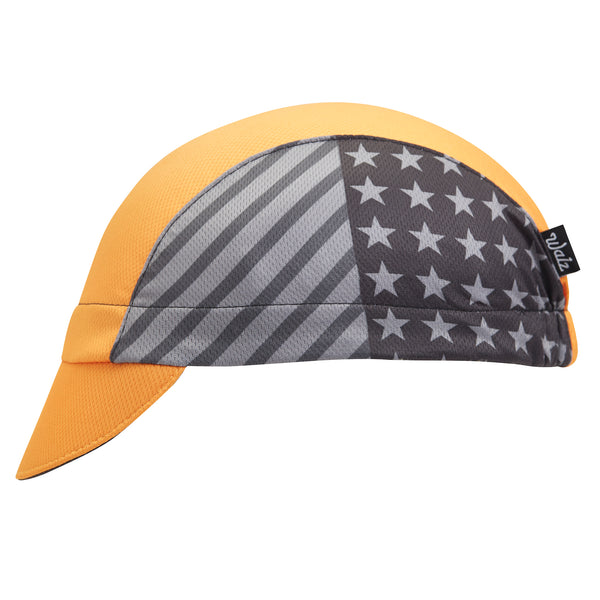 Delaware Technical 3-Panel Cycling Cap.  Yellow cap with black and white american flag side panel.  Side view.
