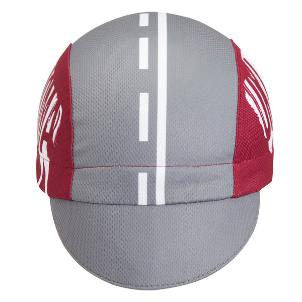 Oklahoma Technical 3-Panel Cycling Cap.  Gray and red cap with Buffalo print and OKLAHOMA text on side.  Front view.