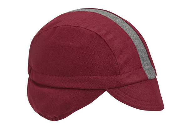 Maroon/Gray Stripe Wool Flannel Ear Flap 3-Panel Cap. Angled view.