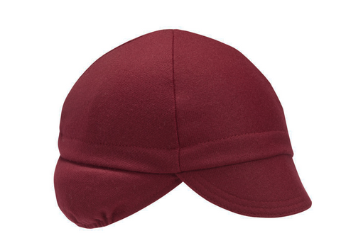 Maroon Wool Flannel Ear Flap 4-Panel Cap. Angled view.