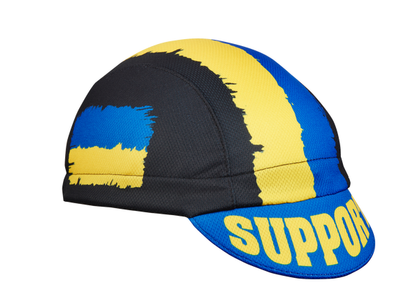 Ukraine Technical 3-Panel Cycling Cap.  Black cap with Yellow and blue Ukraine flag motif.  SUPPORT UKRAINE text on brim.  Angled view.