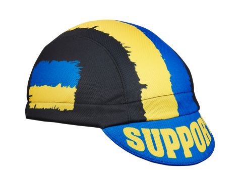 Ukraine Technical 3-Panel Cycling Cap.  Black cap with Yellow and blue Ukraine flag motif.  SUPPORT UKRAINE text on brim.  Angled view.
