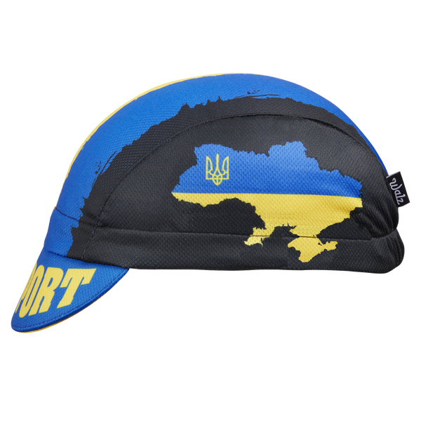 Ukraine Technical 3-Panel Cycling Cap.  Black cap with Yellow and blue Ukraine flag motif.  SUPPORT UKRAINE text on brim. Ukraine country outline on side. Side view.