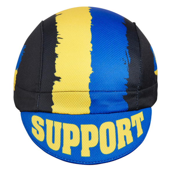 Ukraine Technical 3-Panel Cycling Cap.  Black cap with Yellow and blue Ukraine flag motif.  SUPPORT UKRAINE text on brim.  Front view.