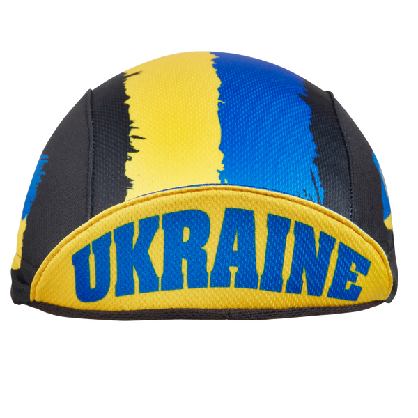 Ukraine Technical 3-Panel Cycling Cap.  Black cap with Yellow and blue Ukraine flag motif.  SUPPORT UKRAINE text on brim.  Brim up angled view.