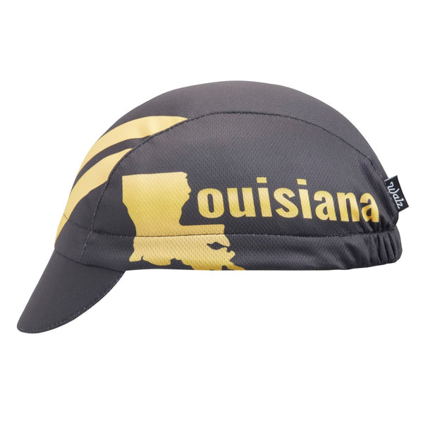 Louisiana Technical 3-Panel Cycling Cap.  Black cap with yellow stripes and Louisiana text on side. Side view.