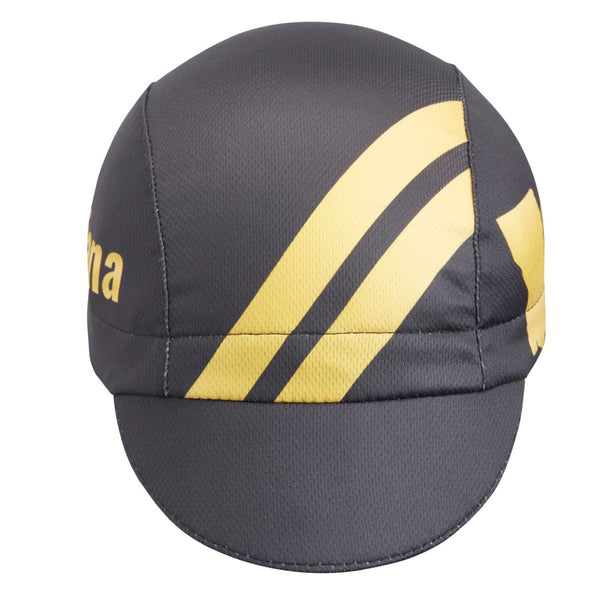 Louisiana Technical 3-Panel Cycling Cap.  Black cap with yellow stripes and Louisiana text on side. Front view.