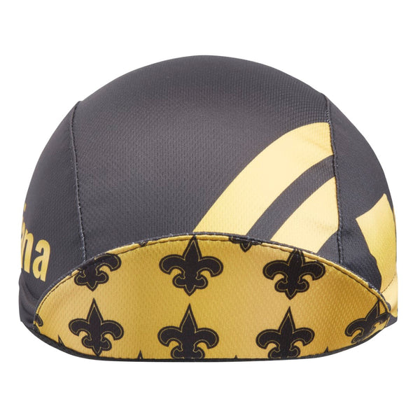 Louisiana Technical 3-Panel Cycling Cap.  Black cap with yellow stripes and Fleur de Lis pattern under brim. Brim up front view.