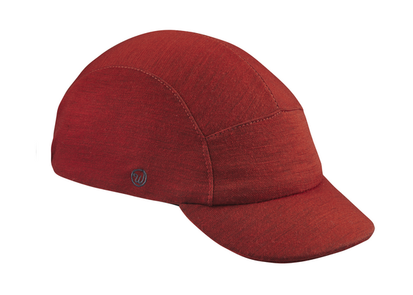 Velo/City Cap - Red Merino Wool 5-Panel Cap.  Angled view.