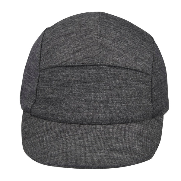 Velo/City Cap - Charcoal Grey Merino Wool 5-Panel Cap. Front view.