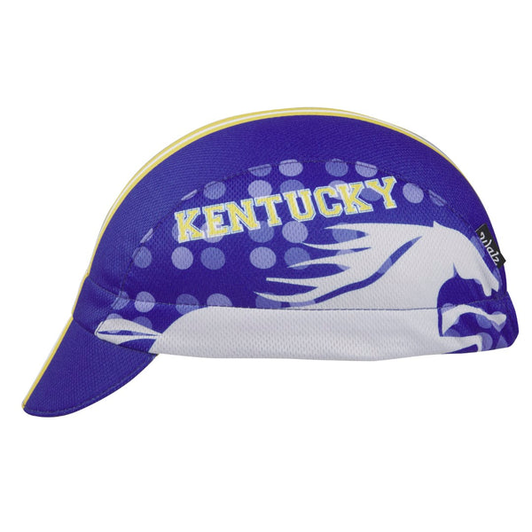 Kentucky 3-Panel Technical Cycling Cap.  Blue, white and yellow cap with Kentucky mustang imagery on side.  Side view.
