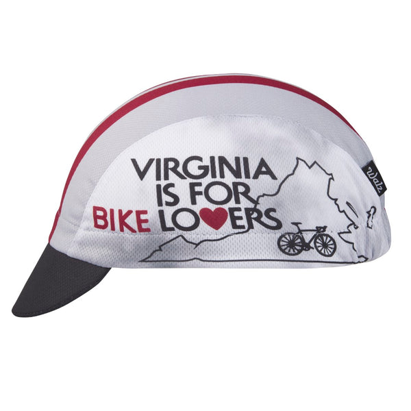 Virginia Technical 3-Panel Cycling Cap.  Gray and black cap with red stripes.  VIRGINIA IS FOR BIKE LOVERS text and Vermont outline on side. Side view.