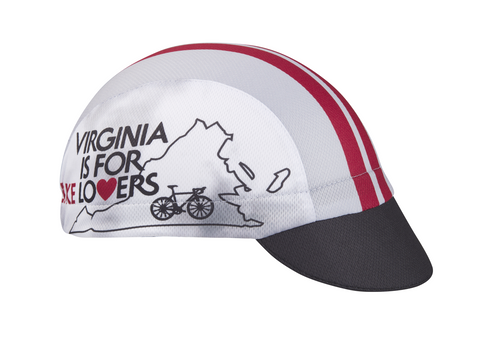 Virginia Technical 3-Panel Cycling Cap.  Gray and black cap with red stripes.  VIRGINIA IS FOR BIKE LOVERS text and Vermont outline on side. Angled view.