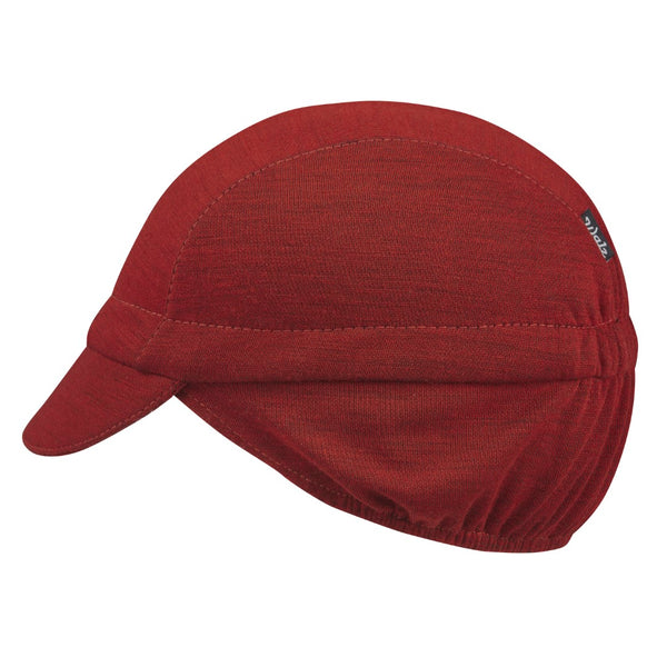 Red/Charcoal Stripe Merino Wool Ear Flap Cap. Side view.