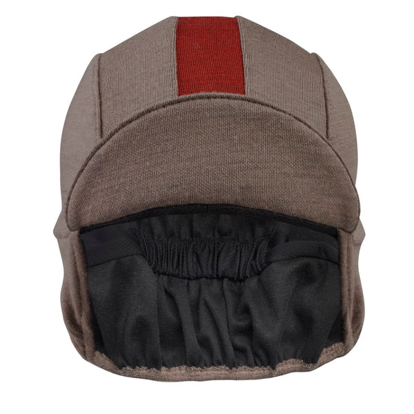 Grey/Red Stripe Merino Wool Ear Flap Cap. Brim up front view.
