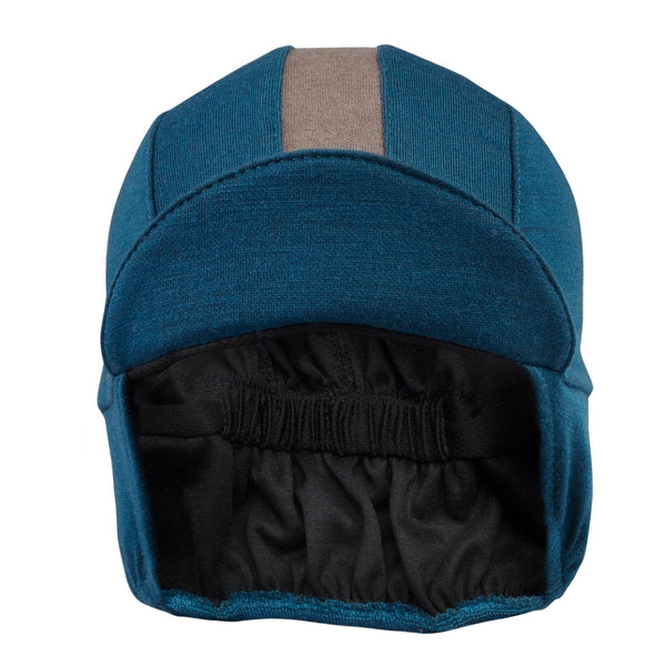Blue/Grey Stripe Merino Wool Ear Flap Cap.  Bill up front view.