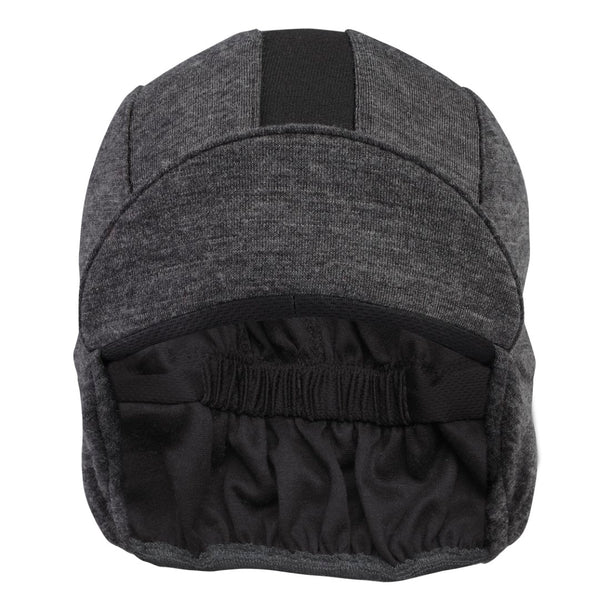 Charcoal/Black Stripe Merino Wool Ear Flap Cap.  Brim up front view.