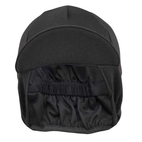 Black Merino Wool Ear Flap Cap.  4-panel wool cap with ear flaps.  Bill up front view.