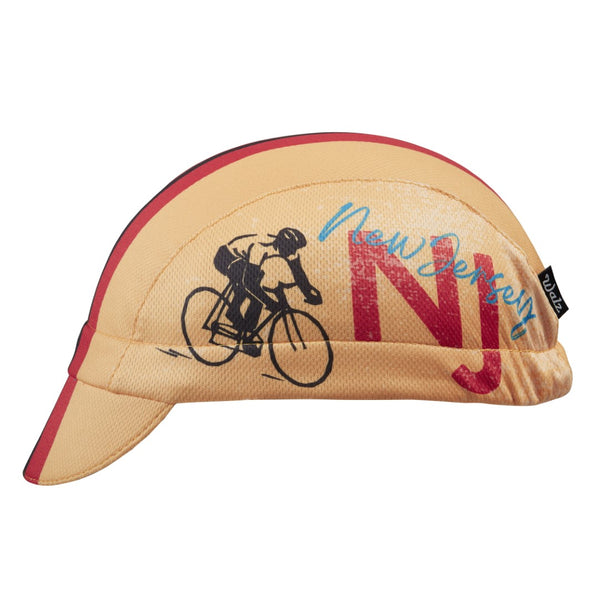 New Jersey 3-Panel Technical Cycling Cap.  Yellow cap with red and black stripes.  NJ cyclist imagery on side.  Side view.