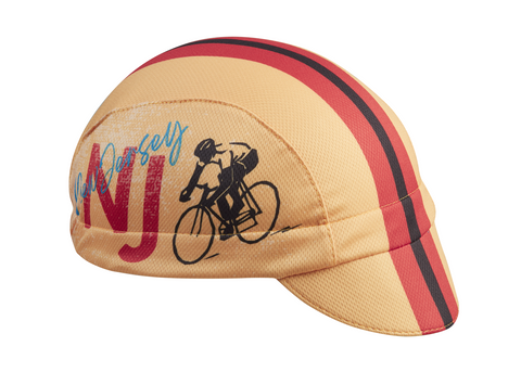 New Jersey 3-Panel Technical Cycling Cap.  Yellow cap with red and black stripes.  NJ cyclist imagery on side.  Angled view.