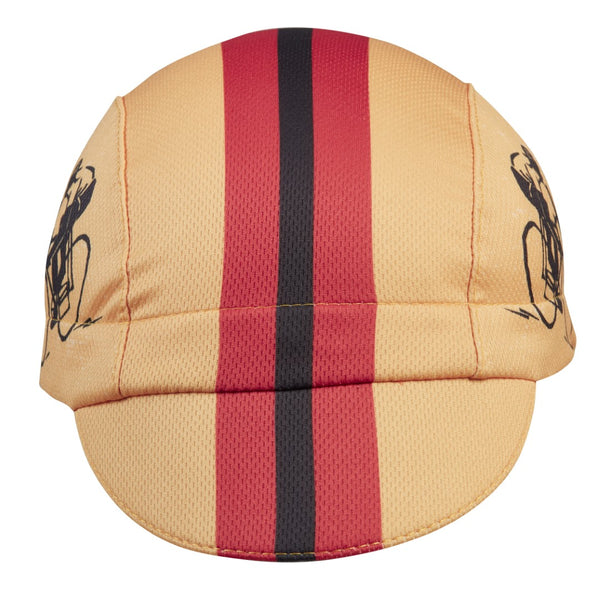 New Jersey 3-Panel Technical Cycling Cap.  Yellow cap with red and black stripes.  NJ cyclist imagery on side.  Front view.