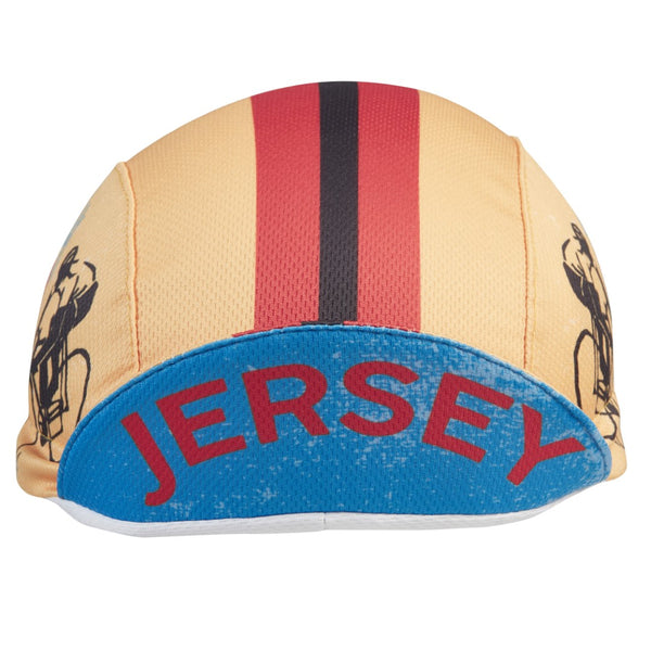 New Jersey 3-Panel Technical Cycling Cap.  Yellow cap with red and black stripes.  JERSEY text under brim.  Brim up front view.