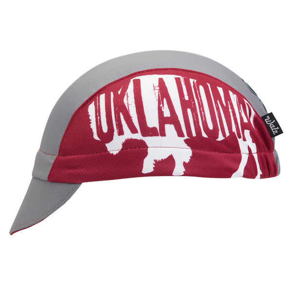 Oklahoma Technical 3-Panel Cycling Cap.  Gray and red cap with Buffalo print and OKLAHOMA text on side.  Side view.