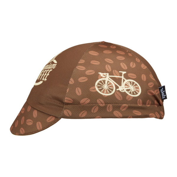 "Coffee" Technical 4-Panel Cap.  Brown cap with coffee bean print.  Bike icon on side, premium coffee text on front panel.  Side View.