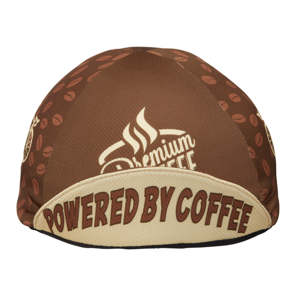 "Coffee" Technical 4-Panel Cap.  Brown cap with coffee bean print.  Bike icon on side, premium coffee text on front panel.  Front View. Bill up.  Underside of bill with text Powered by Coffee.