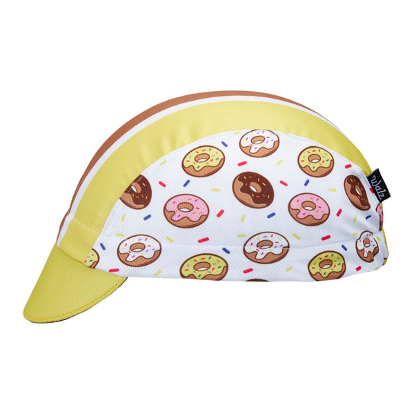 "Donut" Technical 3-Panel Cap.  Yellow cap with brown and white stripes and donut print.  Side View.