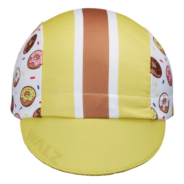 "Donut" Technical 3-Panel Cap.  Yellow cap with brown and white stripes and donut print.  Front View. Brim down.