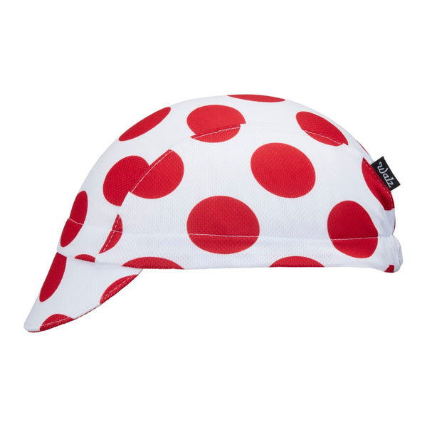 "King of the Mountain" Technical 3-Panel Cap.  White cap with red polka-dots.  Side view.
