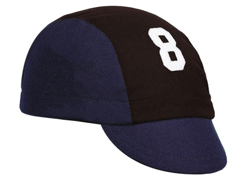 Wool 3-Panel Marquee Cap - Front Lettering.  Blue and black cap with applique number 8 on front.  Angled view.