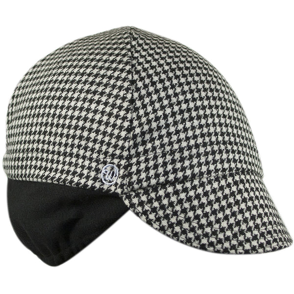 Houndstooth Wool Flannel Ear Flap Cap.  Black and white houndstooth.  Angled view.